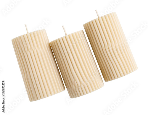 Top View of Three Cream Ribbed Candles Arranged in Triangle Formation, isolated on transparent background
