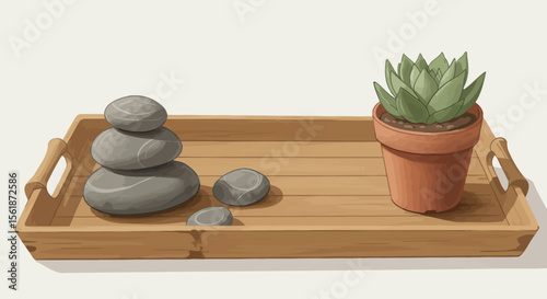 Wooden tray with zen stones and succulent plant, a peaceful arrangement.