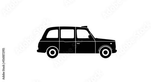 A black silhouette of a London taxi cab, side view, on a white background.
