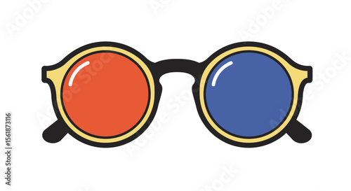 Round 3D glasses with red and blue lenses, simple graphic style.