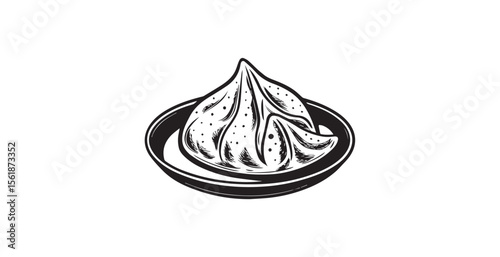 A detailed black and white illustration of a single momo on a plate silhouette