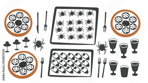 Halloween themed dinner party with plates of food, spiders, and drinks on a white background