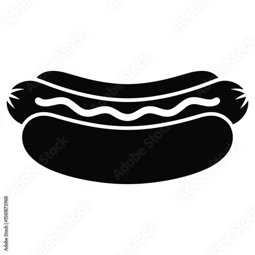 Simple black silhouette of a hot dog with mustard on a white background