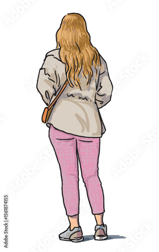 Casual young blonde city woman standing outdoors alone, back view, colorful realistic freehand drawing, vector illustration isolated on white background