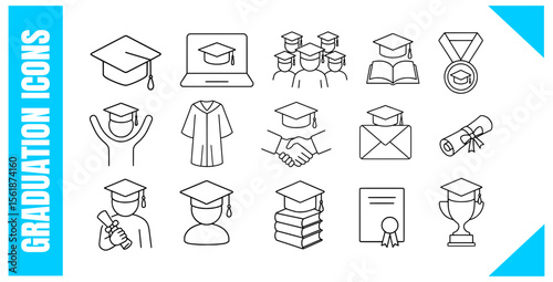 Graduation Line Icons Set Cap, Diploma, Gown, Certificate & Student Vector icons