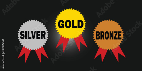 Gold, Silver, and Bronze Medals with Red Ribbon – Flat Vector Icons for Sports Awards, Competitions, and Achievements.