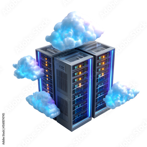 Modern server racks with glowing blue lights surrounded by luminous clouds isolated on transparent background