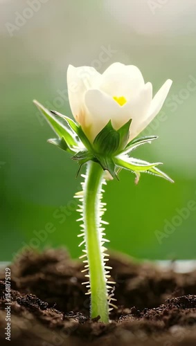 Stunning Close-Up of a Thorny White Flower Sprouting from Soil