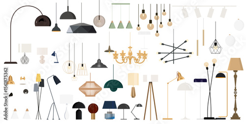A set of isolated lamps: sconces, floor lamps, chandelier, spotlights on a white background in different styles.
