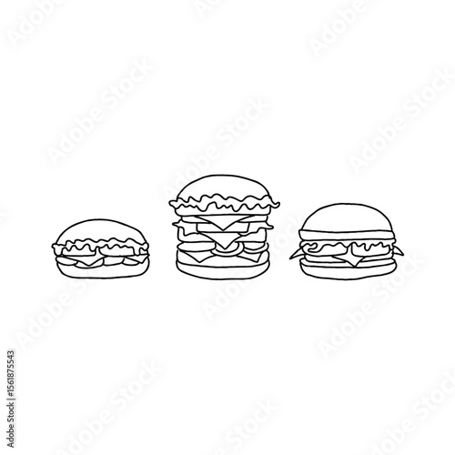 Simple black and white line art of three different sized hamburg