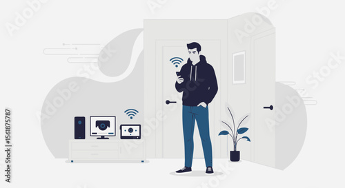 Man Controls Home Security System Using Smartphone And Wireless Connection
