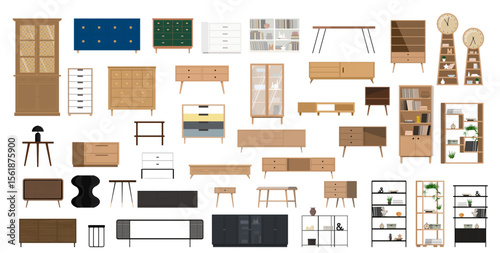 A set of isolated interior items, cabinets, pedestals, chests of drawers, display cases, shelves, racks, sideboard.