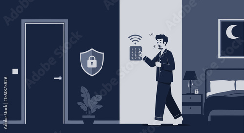 Man In Pajamas Is Activating The Security System Before Going To Bed At Night