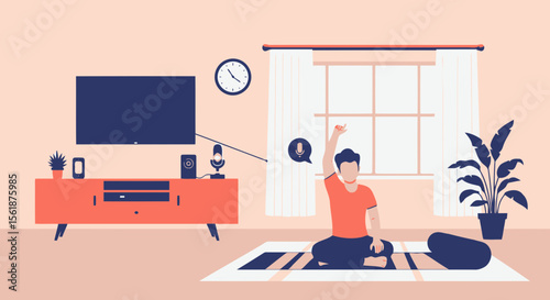 Man Practicing Yoga at Home Guided By Voice Assistant and Smart Device System
