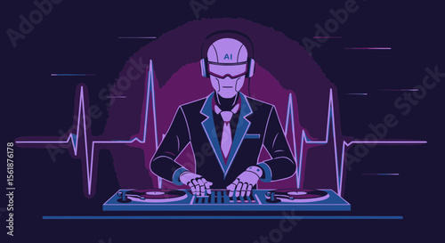 Ai Robot Dj Mixing Music With Turntables And Wearing Headphones