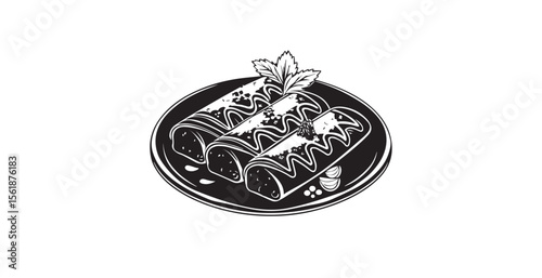 Three enchiladas garnished with parsley and sauce on a plate silhouette