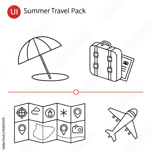 Summer travel pack icons featuring a beach umbrella suitcase with documents folded map with icons and an airplane for vacation planning and holiday adventures