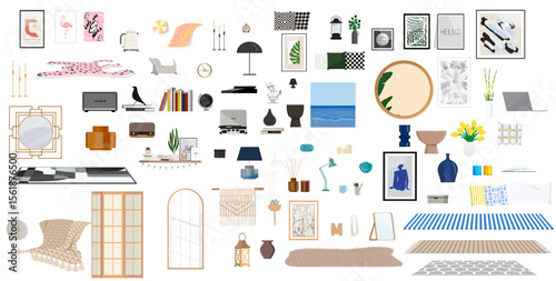 A set of isolated interior items for decorating space, figurines, vases, candles, pillows, carpets, mirrors, posters, equipment.