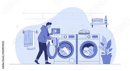 Modern Laundry Scene With Man Doing Laundry And Appliance Setting Selection
