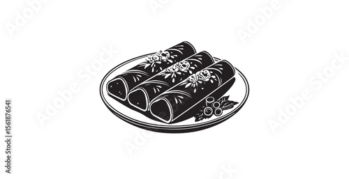 Three delicious rolled crepes with berries on a plate silhouette