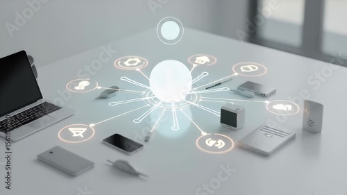 Smart Home Device Network Interface with Glowing Sphere on White Table with Laptop Innovative Technology and Automation in a Modern Digital Setting