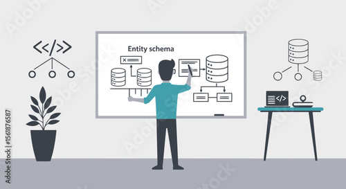 Architect Developing Database Structure Visualizing Entity Schema On Whiteboard