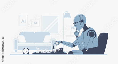 Artificial Intelligence Robot Playing Chess Strategy Game In Modern Interior