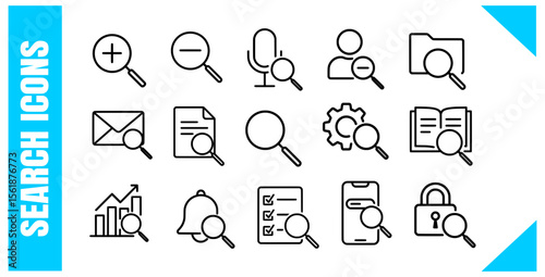  Search Line Icons Set Magnifying Glass, Document, Folder, and Data Vector icons