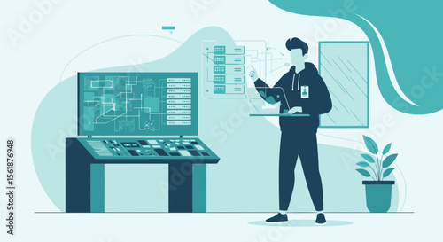 Network Engineer Inspecting Server Racks With Laptop In Data Center Flat Design