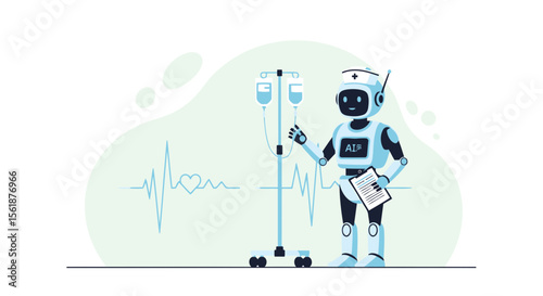 Artificial Intelligence Robot As Medical Assistant Holding Clipboard And Iv Drip