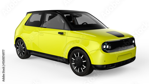 3D Yellow Compact Electric Car - Futuristic EV Hatchback Isolated on White Background
