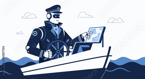 Autonomous Navigation Futuristic Ai Robot Captain Steers Modern Boat Vector Illustration