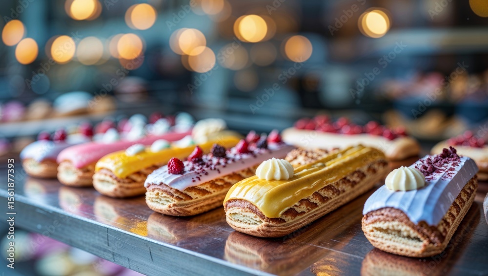 A beautiful display of eclairs in a patisserie, featuring a variety of flavors and vibrant colors. A beautiful display of eclairs in a patisserie, featuring a variety of flavors and vibrant colors.