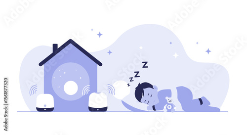 Peaceful Night Scene Boy Asleep At Home With Smart Home Technology Illustration