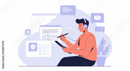 Person Creates Website Wireframe Design With Digital Tablet And Application Windows