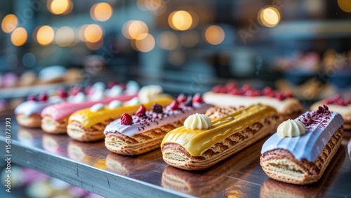 Wallpaper Mural A beautiful display of eclairs in a patisserie, featuring a variety of flavors and vibrant colors. Torontodigital.ca