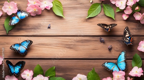 Beautiful Blue Butterflies Pink Flowers Wooden Background