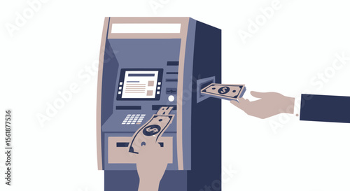 Automated Teller Machine And Hands Delivering Cash In Contemporary Color Scheme