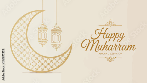 happy muharram ashura celebration greeting with crescent moon, hanging lanterns, and elegant islamic typography in festive decorative style