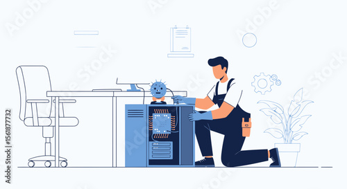 Professional Technician Troubleshooting Computer Hardware Problem in Office Space Illustration