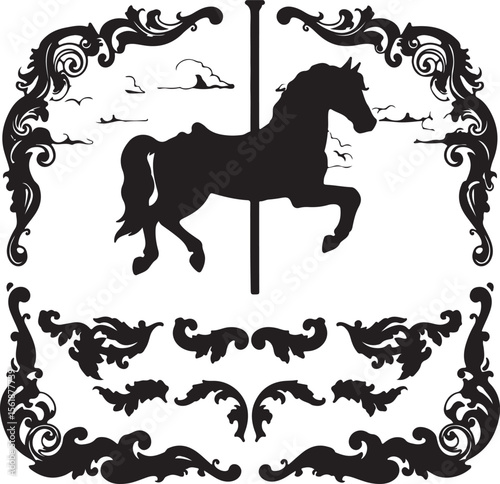 Black silhouette of a carousel horse with assembly parts shown separately, clouds and ornamental foliage around, white background