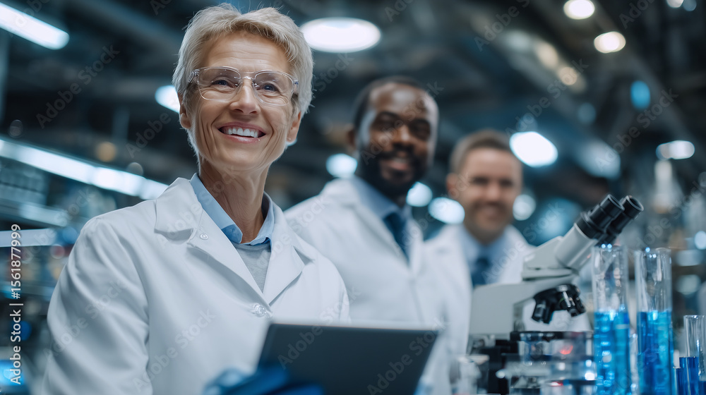 Group of diverse scientists in white lab coats collaborate in a bright, high-tech laboratory, peering through microscopes and discussing sample data displayed on digital tablets, s Group of diverse scientists in white lab coats collaborate in a bright, high-tech laboratory, peering through microscopes and discussing sample data displayed on digital tablets, s