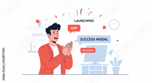 Celebrating App Launch Event With Confetti And Cheering Success In Business
