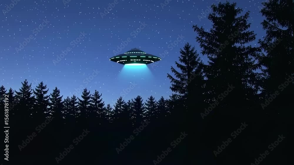 Flying saucer illuminates night sky above dark forest, UFO alien spacecraft hovering in moonlight, mystery concept footage.