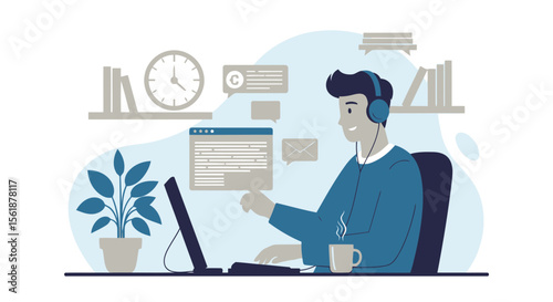 Remote Worker With Headphones Working At Home Vector Illustration Design