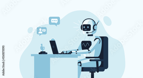 Robot Agent Working At Desk With Laptop Offering Customer Service Support