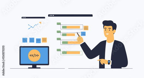 Coding Presentation With Agile Development And Businessman Pointing At Graphic Chart