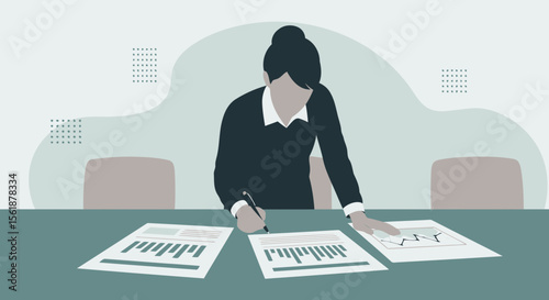 Businesswoman Analyzing Financial Reports And Data In Modern Office Scene
