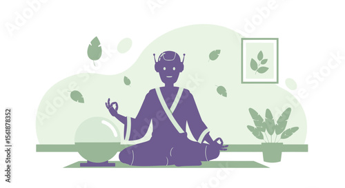 Robot Meditating At Home Surrounded By Plants In A Calm And Serene Environment