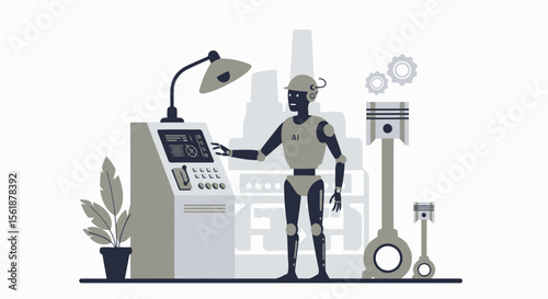 Robot Overseeing Automated Manufacturing Process In A Factory With Precision Controls